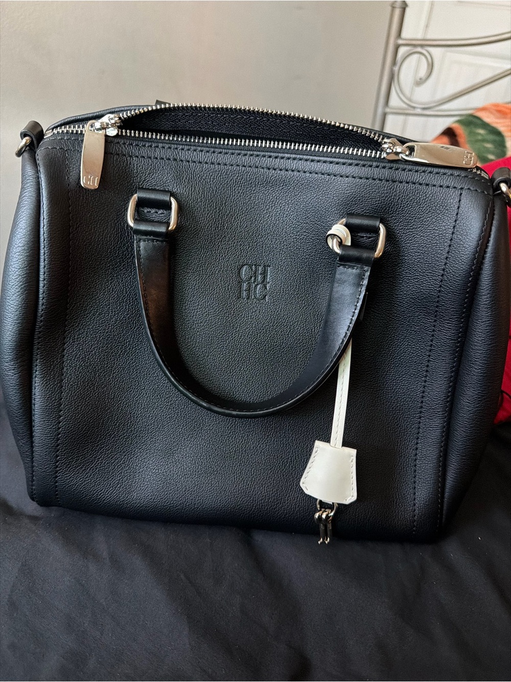 Carolina Herrera Black Leather Top-Handle Crossbody Bag with Red Lining Strap